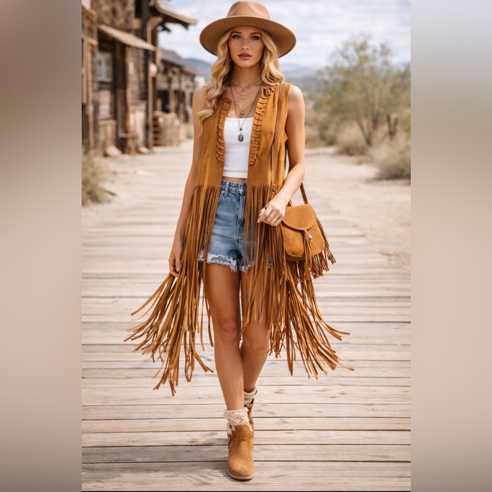 Boho Faux Suede Camel Long Fringe Western Festival Duster ~ Size Large - Picture 2 of 16